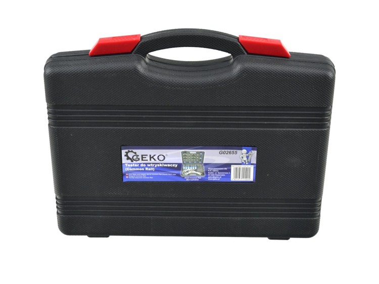 Czarny plastikowy kufer z czerwonymi zatrzaskami, etykieta Geko tester do wtryskiwaczy Common Rail