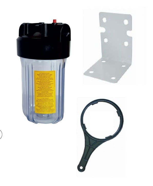 Przezroczysta obudowa filtra Big Blue 10 cali z czarną głowicą, klucz montażowy i metalowa płytka