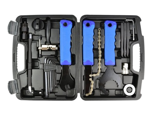 Zestaw narzędzi do naprawy roweru 20 elementów w czarnej walizce z niebieskimi rączkami