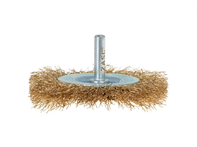 Szczotka druciana tarczowa z mosiądzowanego drutu na trzpieniu do wiertarki