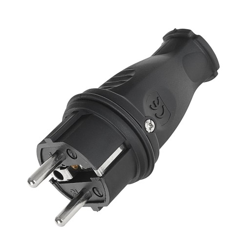 Czarna gumowa wtyczka 16A IP44 230V typu E/F z metalowymi bolcami i zabezpieczeniem kabla