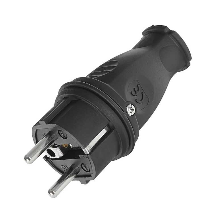 Czarna gumowa wtyczka 16A IP44 230V typu E/F z metalowymi bolcami i zabezpieczeniem kabla