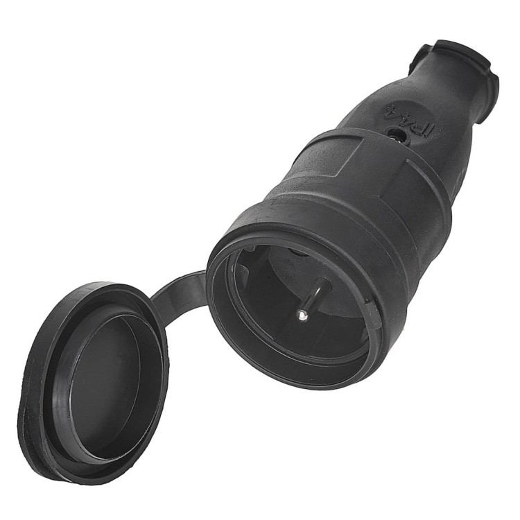 Czarne gumowe gniazdo 16A IP44 z klapką zabezpieczającą, wodoszczelne, 230V