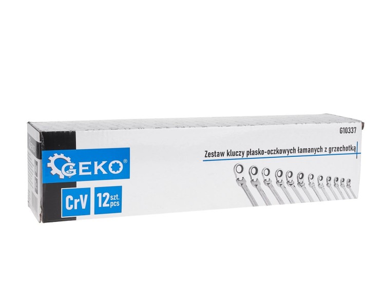 Zestaw 12 łamanych kluczy płasko-oczkowych z grzechotką 8-19 mm Geko w oryginalnym kartonowym opakowaniu