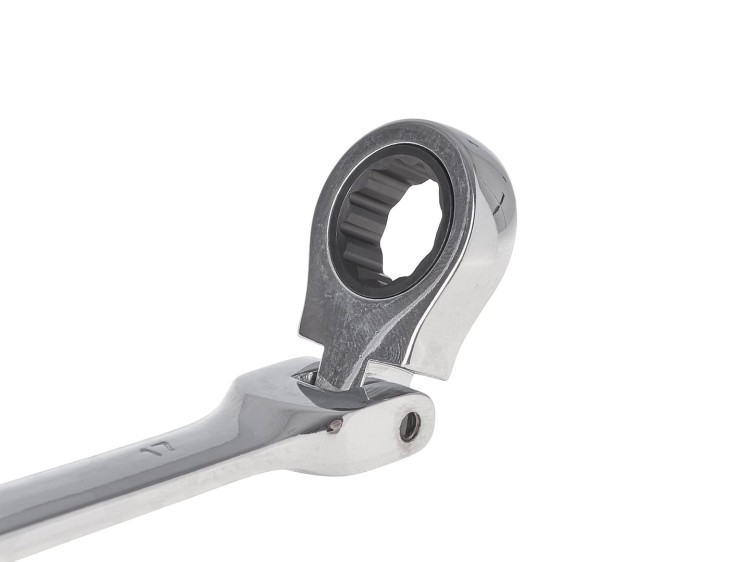Łamany klucz płasko-oczkowy z grzechotką 17 mm, stal CrV, mechanizm 72 zęby, polerowany