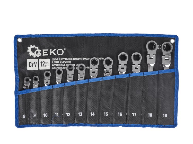 Zestaw 12 kluczy płasko-oczkowych łamanych z grzechotką 8-19 mm w materiale z logo Geko
