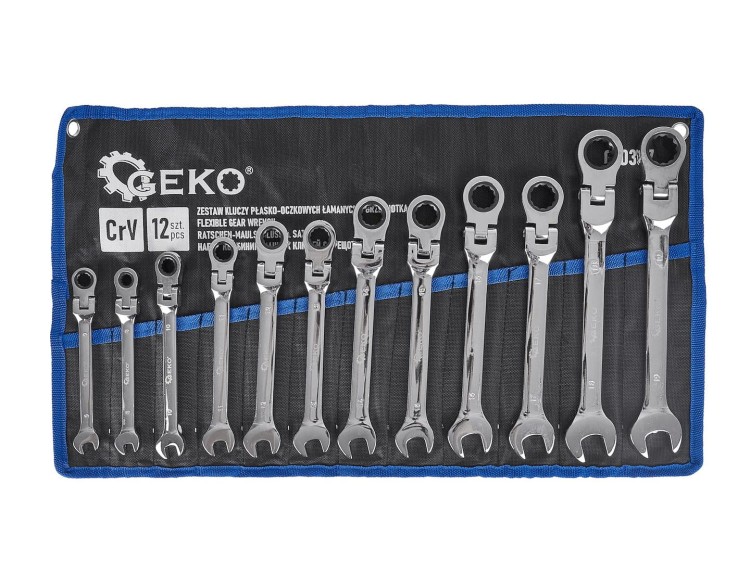 Zestaw 12 kluczy płasko-oczkowych łamanych z grzechotką 8-19 mm na materiale