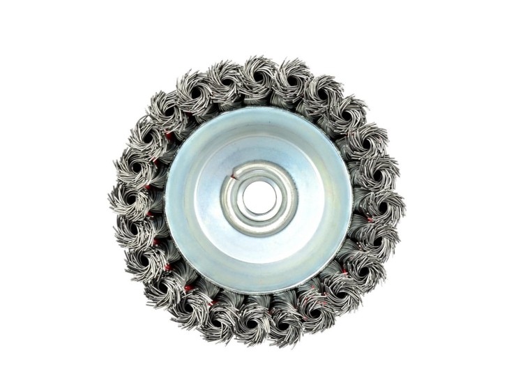 Szczotka druciana czołowa pleciona 100mm z gwintem M14, stalowe sploty na stalowej tarczy