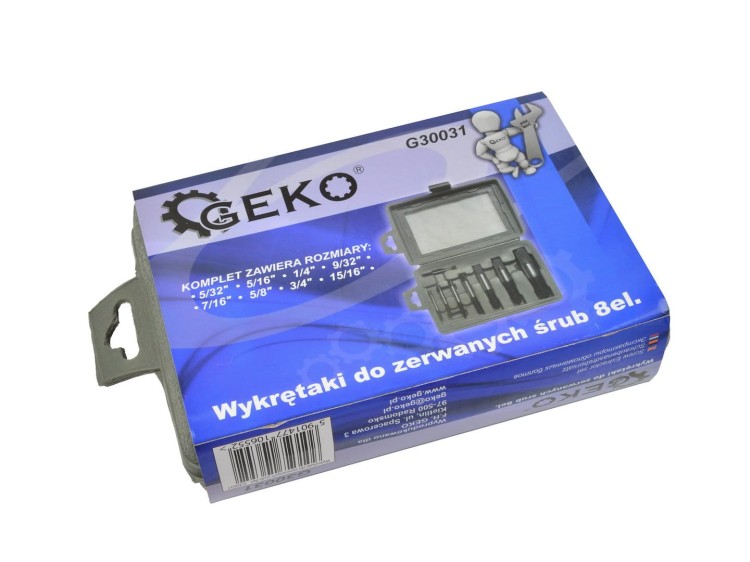 Zestaw 8 wykrętaków do zerwanych śrub Geko w plastikowym etui z rozmiarami