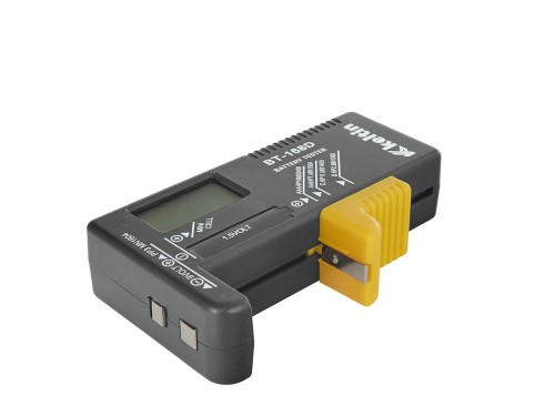 Cyfrowy miernik tester baterii Keltin BT-168D z wyświetlaczem LCD i żółtym uchwytem do testowania różnych typów baterii