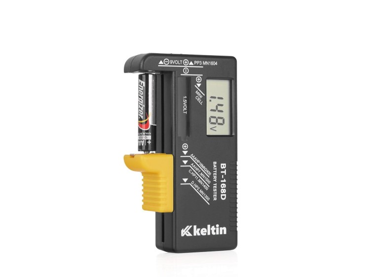 Cyfrowy miernik tester baterii i akumulatorów Keltin BT-168D z wyświetlaczem LCD i zamontowaną baterią AA