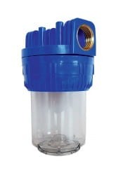 Niebieska obudowa filtra wody 5 cali z przezroczystym kloszem i mosiężnym gwintem 1 cal marki Green Filter