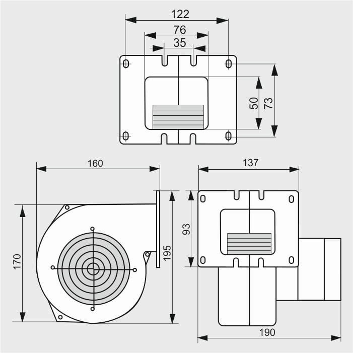 Wymiary techniczne wentylatora WPA 01 K wtyk z aluminiową obudową, siatką i kołnierzem do montażu