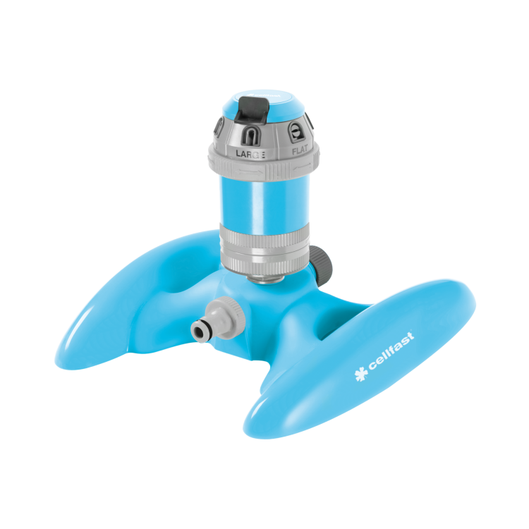Niebieski zraszacz sektorowy POWER TT 52-066 CELLPRO z regulacją sektora i 6 funkcjami zraszania