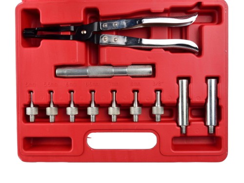 Zestaw narzędzi do uszczelniania zaworów z metalowymi szczypcami, trzpieniem i 8 adapterami w czerwonej walizce