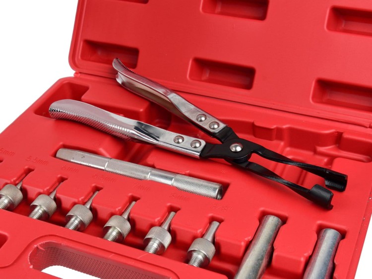Czerwony zestaw narzędzi Geko do uszczelniania zaworów z szczypcami i adapterami w walizce