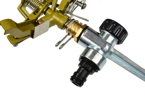 Metalowy zraszacz pulsacyjny obrotowy 360° z czarnym pokrętłem i adapterem do szybkozłączki