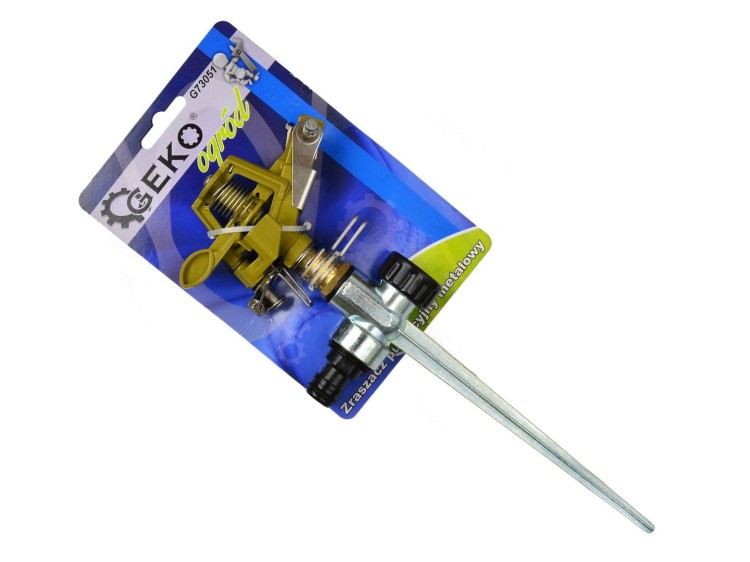 Metalowy zraszacz pulsacyjny Geko z obrotową głowicą i metalowym szpikulcem do mocowania na blistrze