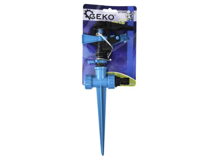 Niebieski plastikowy zraszacz pulsacyjny obrotowy 360° z kolcem i adapterem do węża