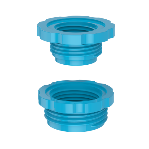 Zestaw dwóch niebieskich redukcji do przyłącza z gwintami i uszczelkami