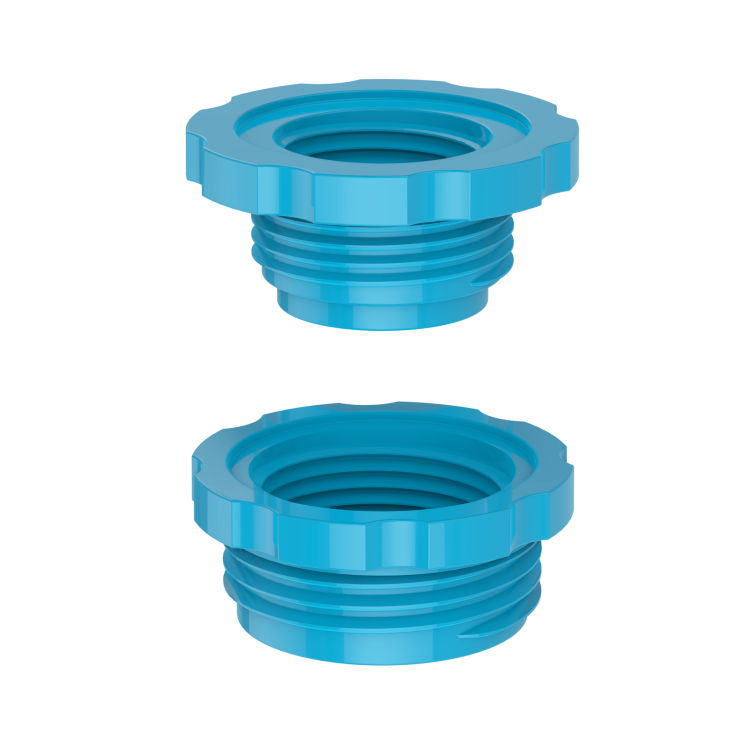 Zestaw dwóch niebieskich redukcji do przyłącza z gwintami i uszczelkami