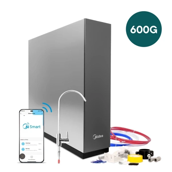 Bezzbiornikowy filtr osmozy Midea 600G z telefonem i akcesoriami