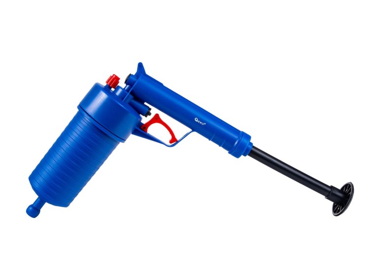 Niebieski pistolet do udrażniania rur z wysuniętym tłokiem