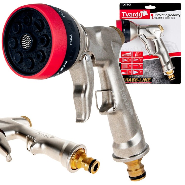 Metalowy pistolet ogrodowy z czerwono-czarną głowicą, 8-funkcyjny z mosiężnym przyłączem, pokazany na blistrze