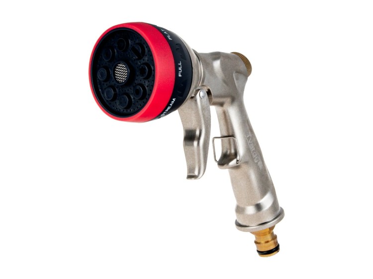 Metalowy pistolet ogrodowy Geko Brass-Line z czerwonym pierścieniem i ośmioma funkcjami zraszania