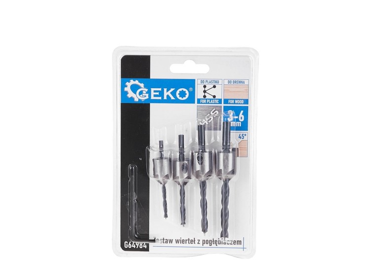 Zestaw 5 wierteł do drewna i plastiku 3-6 mm z pogłębiaczem marki Geko