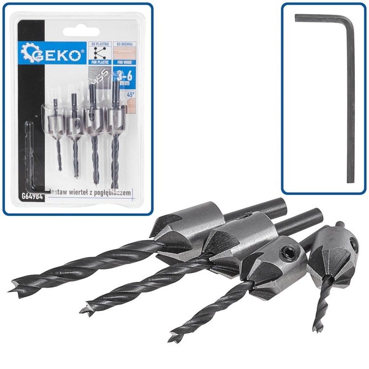 Zestaw 5 wierteł do drewna 3-6 mm z pogłębiaczem marki Geko