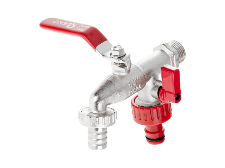 Podwójny kran 1/2 cala z dwoma wyjściami 3/4 cala, wtykiem na wąż 1/2 cala i nyplem do szybkozłącza mauser