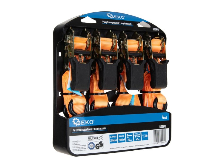 Zestaw 4 pomarańczowych pasów transportowych z napinaczem 4.5m x 25mm, 700kg, marka Geko
