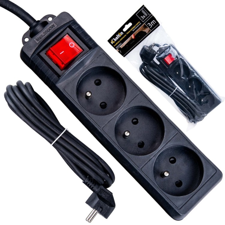 Czarny przedłużacz 3 gniazda z uziemieniem i włącznikiem, kabel 3 m