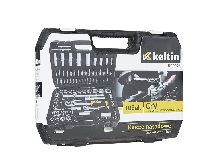 Zestaw kluczy nasadowych CrV 108 el. w walizce 1/4" i 1/2" Keltin
