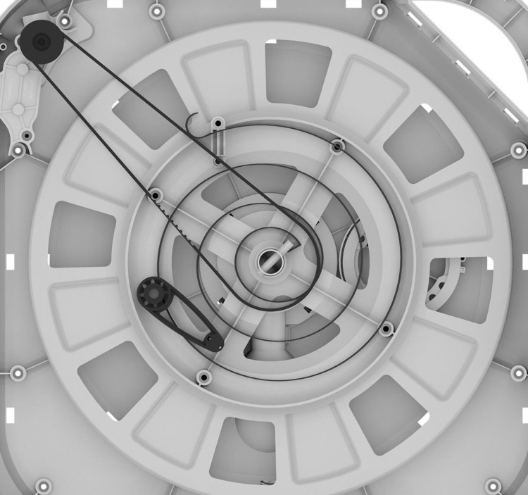 Mechanizm ślimakowy automatycznego zwijacza węża ogrodowego Cellfast z widocznymi sprężynami