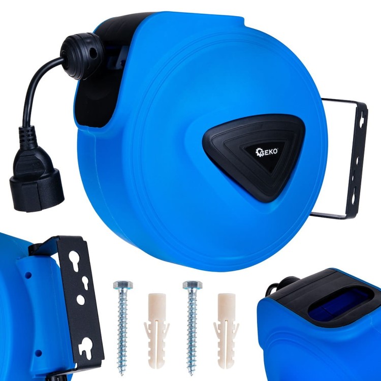 Przedłużacz elektryczny ze zwijakiem automatycznym 15m w niebieskiej obudowie z uchwytem montażowym i kablem zasilającym