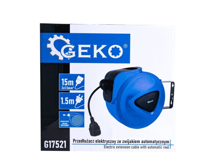Przedłużacz elektryczny Geko z automatycznym zwijakiem kabla 15m, niebieska obudowa z uchwytem montażowym