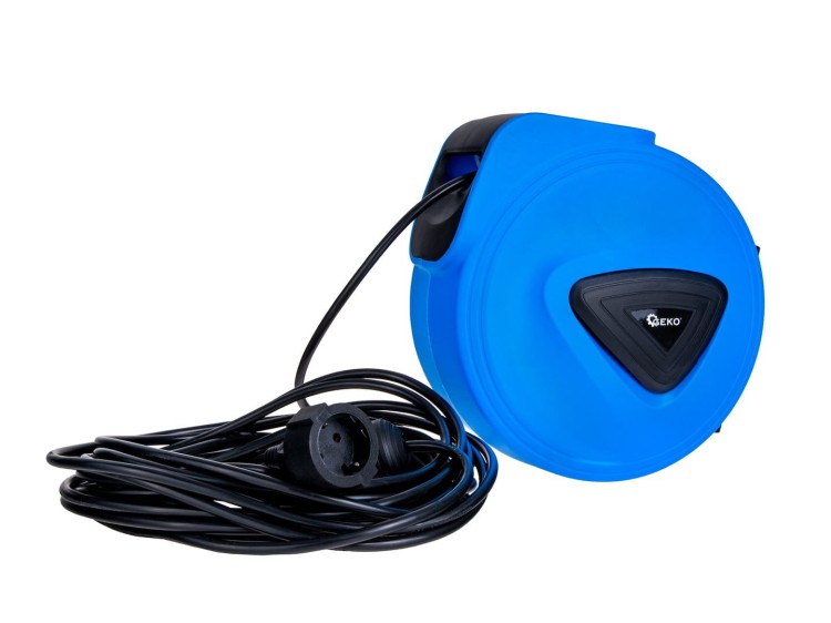 Przedłużacz elektryczny Geko z automatycznym zwijakiem, niebieska obudowa i czarny kabel