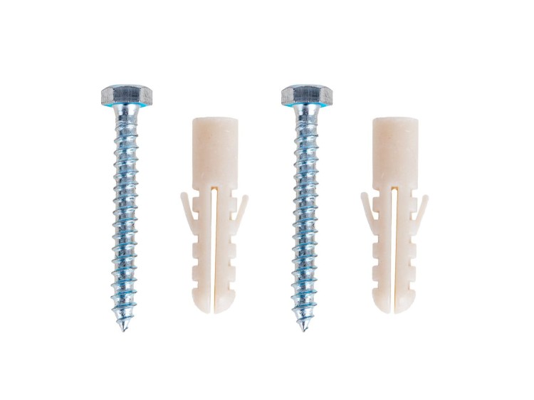 Dwie śruby metalowe i dwa białe plastikowe kołki montażowe do przedłużacza elektrycznego