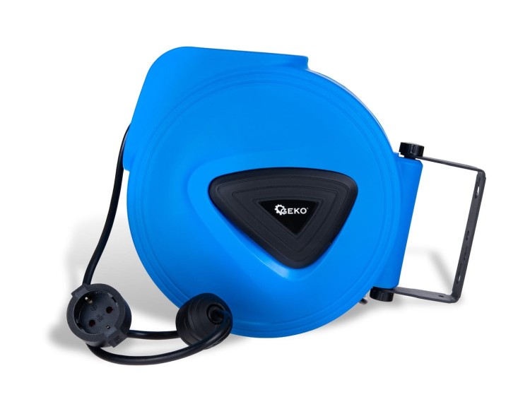 Niebieski przedłużacz elektryczny ze zwijakiem automatycznym i obrotowym uchwytem montażowym