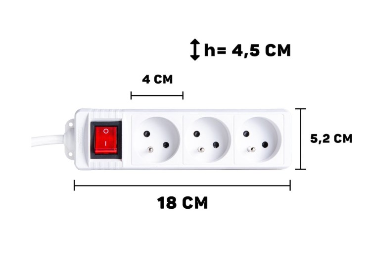 Biały przedłużacz elektryczny Keltin z 3 gniazdami pod kątem 45°, wyłącznikiem i kablem 3 m wymiary 4,5 cm x  5,2 cm x 18 cm