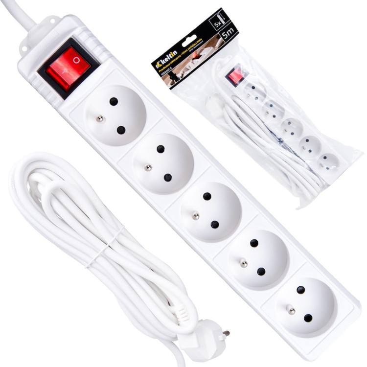 Biały przedłużacz elektryczny Keltin 5 gniazd z uziemieniem i wyłącznikiem, kabel 5 m