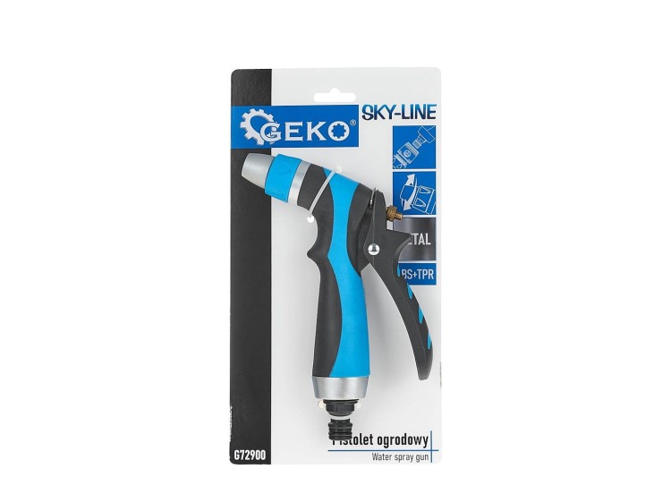 Pistolet ogrodowy metalowy regulowany z antypoślizgowym uchwytem marki Geko SKY-LINE przedstawiony na blistrze