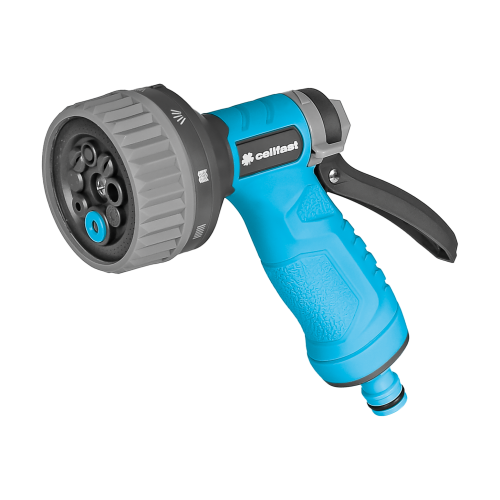 Niebieski zraszacz pistoletowy Cellfast FORM 8 z 8-funkcyjną regulacją i antypoślizgowym uchwytem