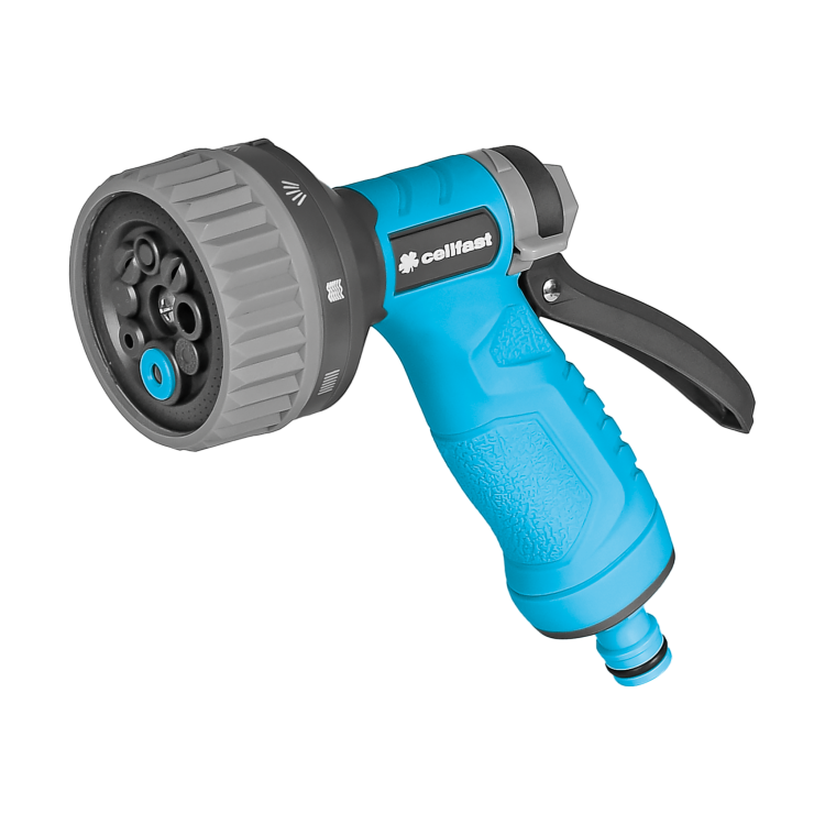 Niebieski zraszacz pistoletowy Cellfast FORM 8 z 8-funkcyjną regulacją i antypoślizgowym uchwytem