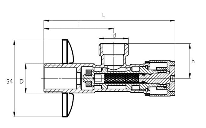Przekrój zaworu kątowego grzybkowego z filtrem Maestro 1/2"x1/2" z wymiarami i oznaczeniami technicznymi