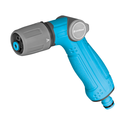 Niebiesko-szary zraszacz pistoletowy Cellfast z regulacją strumienia i ergonomicznym uchwytem