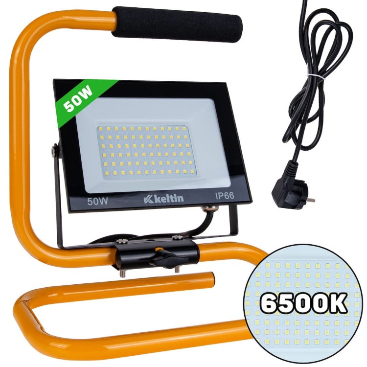Naświetlacz LED 50W na żółtym statywie z czarnym uchwytem i przewodem, barwa 6500K