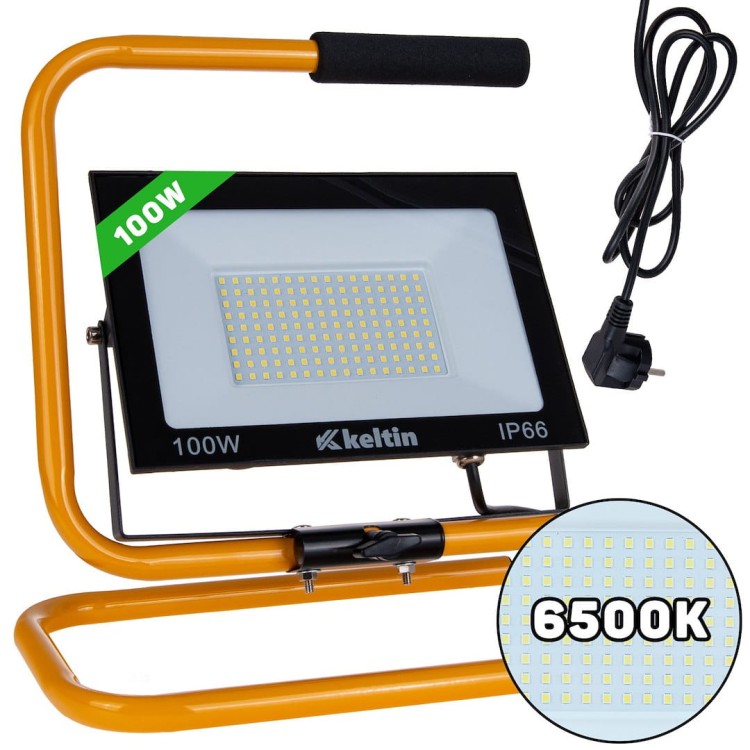 Naświetlacz LED 100W na żółtym statywie z przewodem, barwa światła 6500K